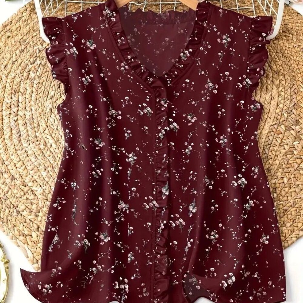 Women's Size 3xl (18) Floral Print Burgandy Blouse V-neck Ruched Bust & Trim NEW